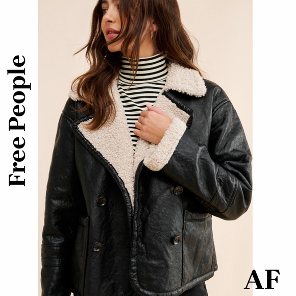 Free People Jackets & Blazers - Free People Kaja Vegan Leather Black and Cream Teddy Jacket XL New